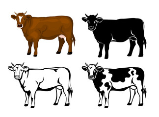 Cow in brown color, silhouette, contour and patched silhouette set