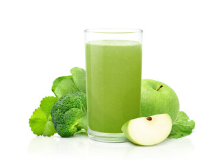 Fresh green vegetable juice isolated on white background.
