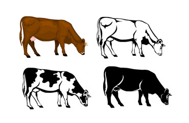 grazing cow in brown color, silhouette, contour and patched silhouette  set