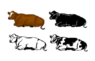 Lying Cow in brown color, silhouette, contour and patched silhouette set