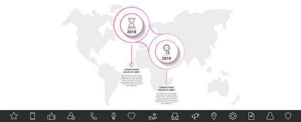 Obraz premium Modern and line vector Infographic with icons and two steps. Circles with thin lines for the application, website, interface, chart, levels, web, diagram, banner on a white isolated background