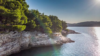 Aerial view of Croatian coastline near Punta Christo Fort located near Pula, Istria.