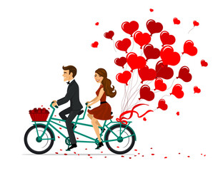 Romantic couple man and woman on a date driving bike with heart  balloons. isolated vector illustration