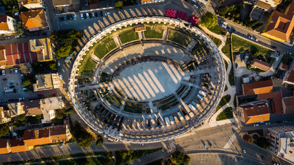 Aerial view of Pula, Croatia. Top down view of amphitheater.