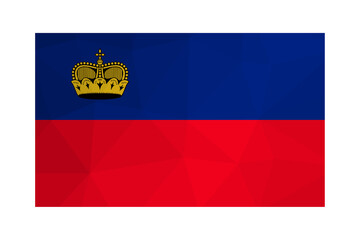 Vector illustration. Official symbol of Liechtenstein. National flag with blue and red stripes, gold crown. Creative design in low poly style with triangular shapes. Gradient effect.