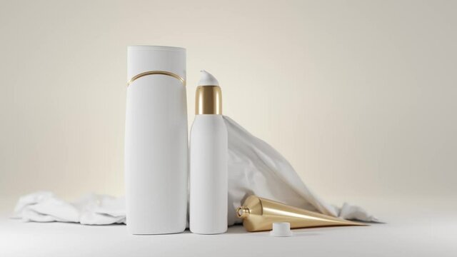 Milk cosmetics luxury series on light background with fabric 3d mock up. Skin care cosmetic product, white bottle shampoo, lotion or soap with dispenser, hand cream or toothpaste in golden open tube.