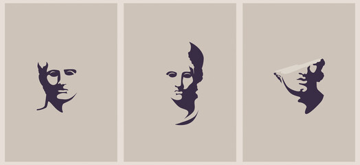 Fototapeta premium Set of vector illustrations. Museum. Antique sculptures in the museum. Three. Three sculptures in pastel colors. Postcard. Interior poster