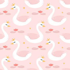 Childish seamless pattern with swans.