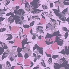 Fototapeta na wymiar Pressed plants on light purple painted background. Floral seamless pattern in collage technique.