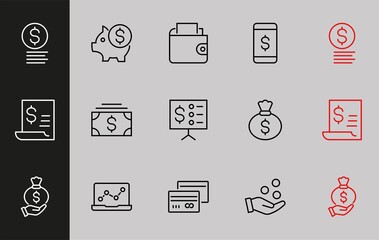 Set of Icons of Cash and Payment Systems. Thin Icons Vector Cash, Transfers of Dollars Isolated on Background Icons. Editable stroke