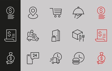 Food Delivery Set of vector line icons contain courer, home delivery, online ordering and more. Editable stroke, quality icon