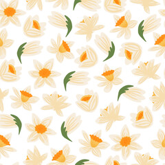 Vector seamless pattern of yellow daffodils or Narcissus. Hand drawn Botanical background. Early Spring potted garden flower blooming bulbous plant with root. Floral texture in flat style