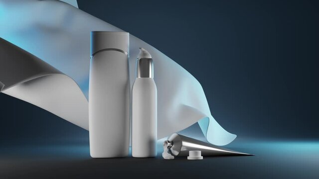Night series cosmetic luxury products for skin care 3d mockup. White bottle shampoo, pump tube package on blue background with cloth. Metal container with open cap liquid flow gel, cream or toothpaste