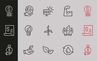 Ecology Icons set Vector icons contains solar panels as well as electricity, plant and factory, editable stroke. icons in minimalist style