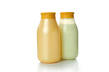 Blank shower gel bottles isolated on white background