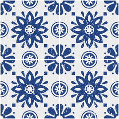 Portuguese Azulejo tiles seamless vector pattern - old scratched style, retro design with flowers in navy blue
