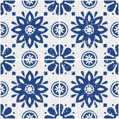 Tapeten Portuguese Azulejo tiles seamless vector pattern - old scratched style, retro design with flowers in navy blue  © redkoala