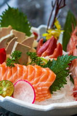 A delicious Japanese dish, salmon and foie gras sashimi platter