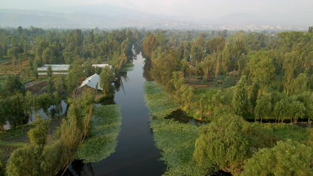 Aerial view of main xochimiclo chinampa canal