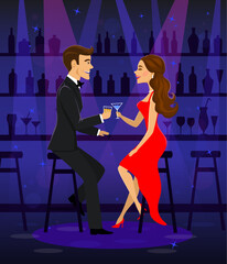 Man and woman night out date, romantic elegant couple sitting at the bar counter, drinking cocktails