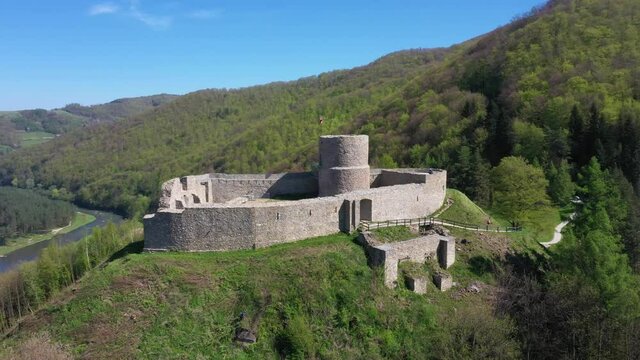 Ruins of medieval castle in Rytro (Zamek w Rytrze) - aerial view, Poland
