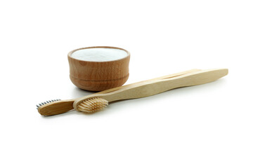 Eco friendly toothbrushes and tooth powder isolated on white background