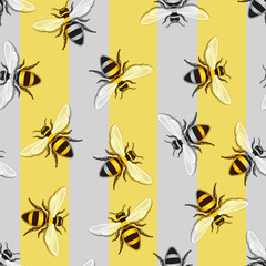 Seamless background. Stylized bees on a background of yellow and gray stripes. The stripes change the color of the bees.