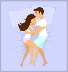 Couple sleeping hugging in bed top view vector illustration