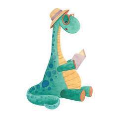 Bright watercolor illustration with a dinosaur in a hat reading a book © Kyb4ik_art