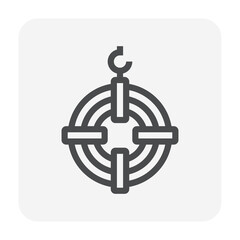 Roll steel, steel coil or sheet metal vector icon. Industrial product manufacturing, production from hot cold process. Hanging on crane hook in factory. Raw materials for construction, machine part.