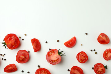 Fresh cherry tomato on white background, space for text