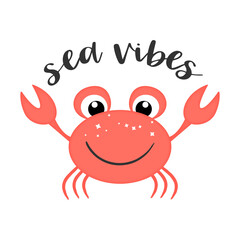 Cute cartoon crab, sea vibes vector illustration.