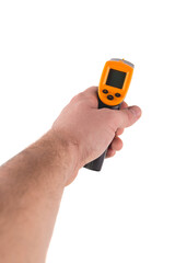 Fototapeta premium A man holds a yellow-black pyrometer. A device for non-contact temperature measurement. Studio photo of the subject isolated on white background.