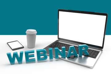 Word webinar with a smartphone, laptop and mockup cup for online learning via the Internet on blue...