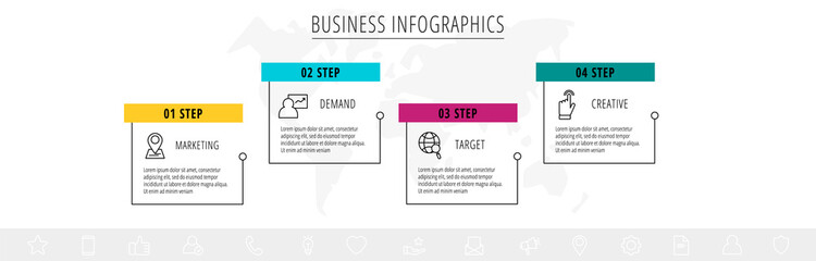 Vector line infographic template label for four colorful rectangle labels. Business concept with 6 elements and icons. Modern blank space for chart, content, step for step, timeline, diagram, web