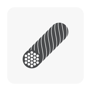 Steel wire rope vector icon. May called composite rope or cable laid consist of metal wires twisted to helix spiral. Synthetic material for winch, crane and lifting equipment in construction.
