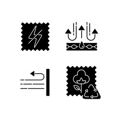 Different fabric features black glyph icons set on white space. Antistatic textile. Membrane and windproof fibers. Recycled cotton. Silhouette symbols. Vector isolated illustration