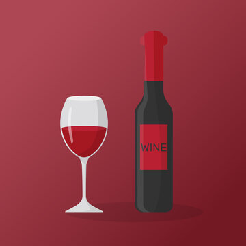 Vector illustration of a bottle and glass of red wine. Dark bottle and glass isolated on bright background.