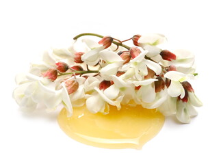 Acacia flowers with honey isolated on white background