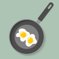 Home cooked food, fried eggs, fried eggs in frying pan, healthy breakfast, home cooking breakfast in café. Vector illustration.