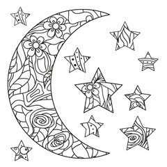Moon and star with abstract patterns on isolation background. Design for spiritual relaxation for adults. Line art creation. Black and white illustration for anti stress colouring page. Print t-shirts