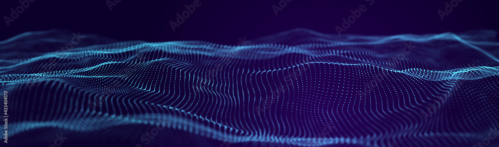 Poster Technological wave of points. Digital background. Great data visualization.. 3D rendering.