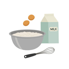 Vector illustration of a dough bowl, milk, eggs, whisk. Kneading dough. Hand-drawn set isolated on white background. Baking products. Suitable for illustrating cooking, recipes, healthy eating.