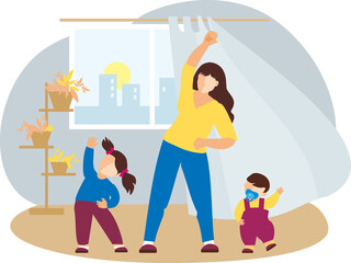 Mother and children do exercises.