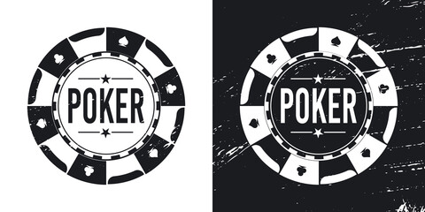 Black poker gaming chip. Casino tokens coins with playing cards symbols, hearts, spades, clubs, diamonds.