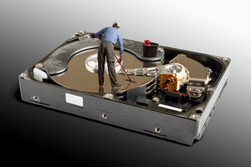 Creative concept with miniature man cleaning the hard drive