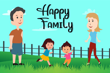 children playing in the garden with parents, happy family illustration. international day of families.