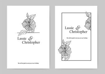 An exquisite wedding invitation with a minimalist style. Hibiscus in a linear style on a white background. Modern rsvp greeting card design with natural design elements. EPS10.