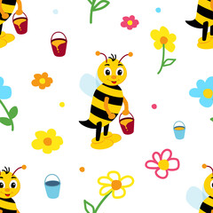 Children repeating pattern with cheerful bee in meadow.