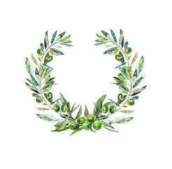 A wreath of green olive branches with olives is isolated on a white background . Watercolour. Print. Book. Postcard. Wallpaper. Texture.